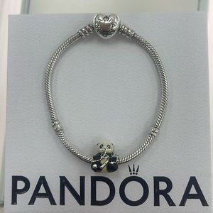 Pandora authentic snake chain charm bracelet size 18 and panda charm. W/ box.
